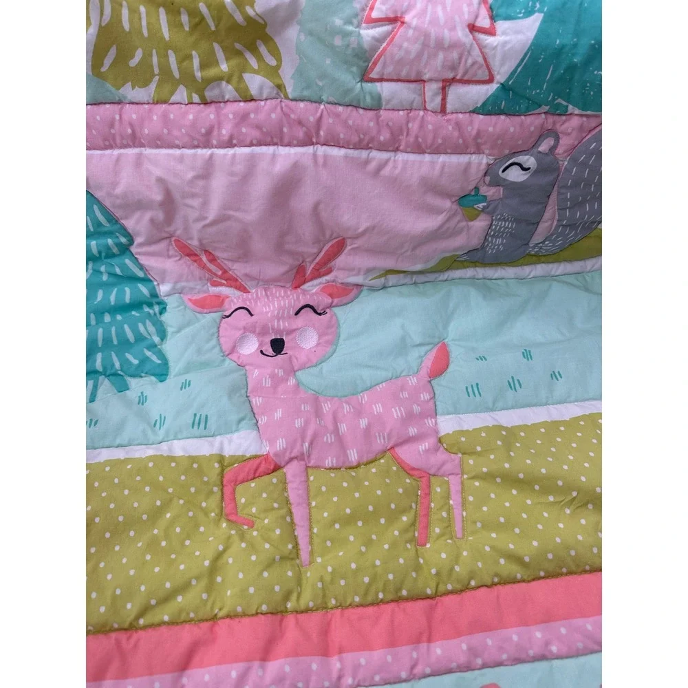 Cloud Island Baby Quilt Woodland Deer Rabbit Pink Nursery Blanket 33x42 Kids Toy